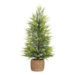 32in. Pre-Lit Artificial Lightly Snowed Cypress Christmas Tree With 30-Warm White LED Lights In Decorative Weaved Basket -Holiday Glow Store nearly natural pre lit christmas trees t5422 4f 1000
