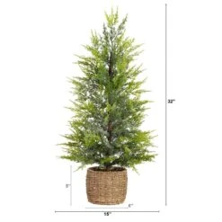 32in. Pre-Lit Artificial Lightly Snowed Cypress Christmas Tree With 30-Warm White LED Lights In Decorative Weaved Basket -Holiday Glow Store nearly natural pre lit christmas trees t5422 c3 1000