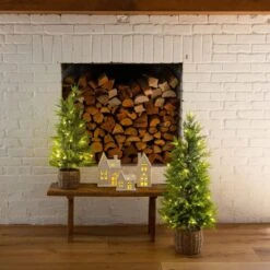 32in. Pre-Lit Artificial Lightly Snowed Cypress Christmas Tree With 30-Warm White LED Lights In Decorative Weaved Basket -Holiday Glow Store nearly natural pre lit christmas trees t5422 d4 1000