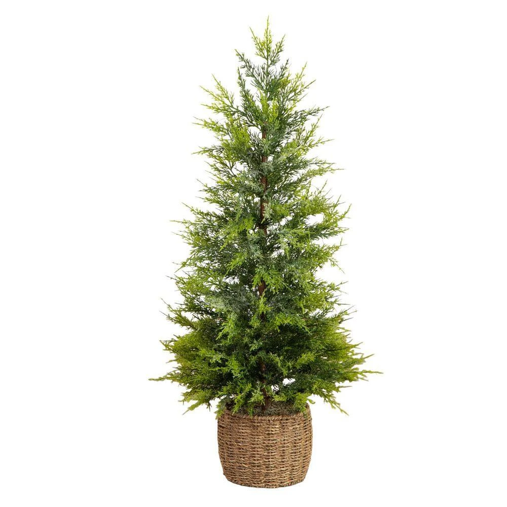 3 Ft. Pre-Lit Artificial Lightly Snowed Cypress Christmas Tree With 38-Warm White LED Lights In Decorative Weaved Basket 7 3 Ft. Pre-Lit Artificial Lightly Snowed Cypress Christmas Tree With 38-Warm White LED Lights In Decorative Weaved Basket - Image 5