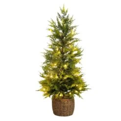 3 Ft. Pre-Lit Artificial Lightly Snowed Cypress Christmas Tree With 38-Warm White LED Lights In Decorative Weaved Basket