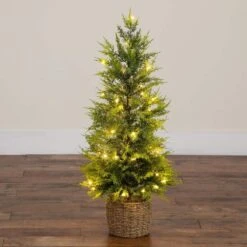 3 Ft. Pre-Lit Artificial Lightly Snowed Cypress Christmas Tree With 38-Warm White LED Lights In Decorative Weaved Basket 14 3 Ft. Pre-Lit Artificial Lightly Snowed Cypress Christmas Tree With 38-Warm White LED Lights In Decorative Weaved Basket -Holiday Glow Store nearly natural pre lit christmas trees t5423 66 1000