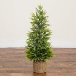 3 Ft. Pre-Lit Artificial Lightly Snowed Cypress Christmas Tree With 38-Warm White LED Lights In Decorative Weaved Basket 20 3 Ft. Pre-Lit Artificial Lightly Snowed Cypress Christmas Tree With 38-Warm White LED Lights In Decorative Weaved Basket -Holiday Glow Store nearly natural pre lit christmas trees t5423 76 1000