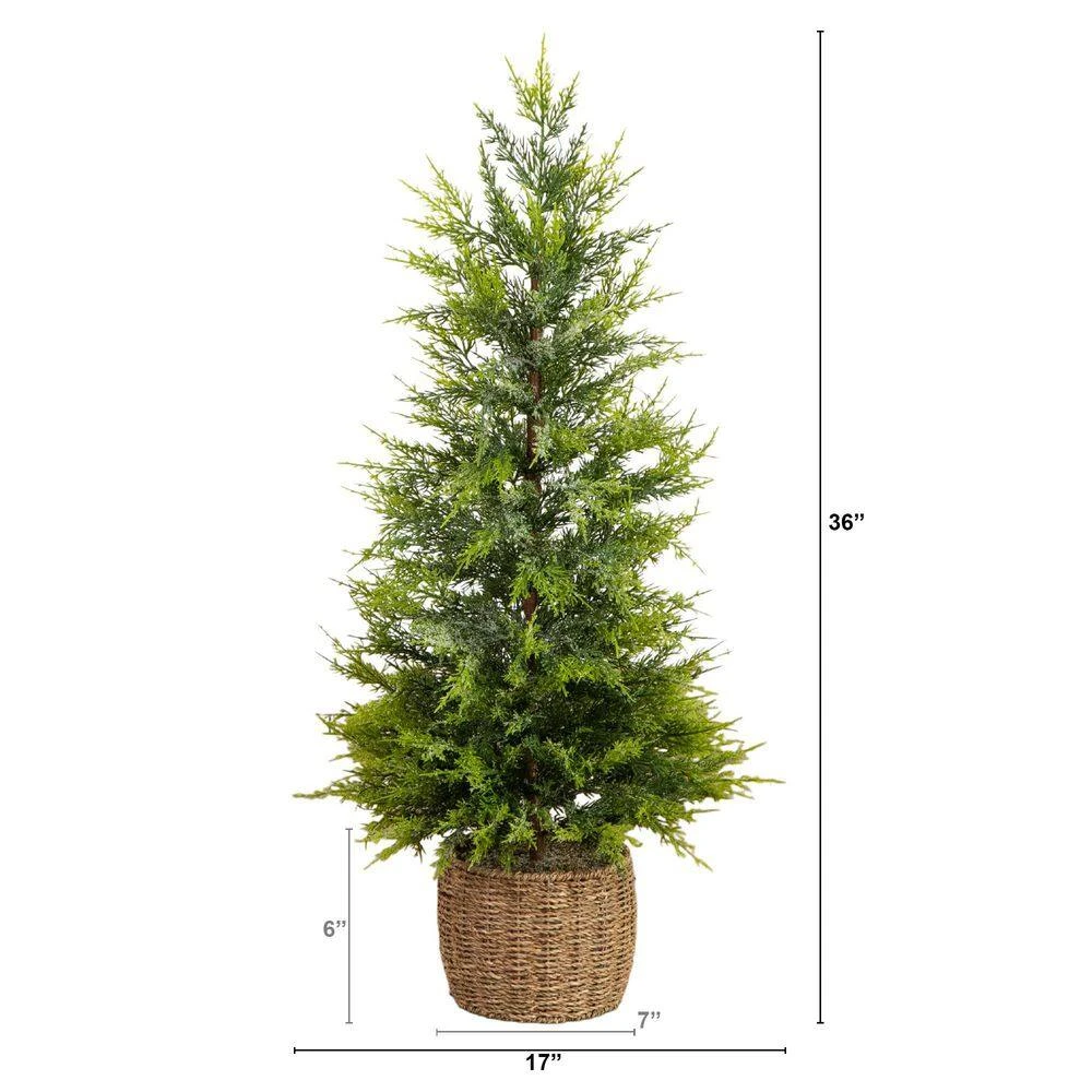 3 Ft. Pre-Lit Artificial Lightly Snowed Cypress Christmas Tree With 38-Warm White LED Lights In Decorative Weaved Basket 6 3 Ft. Pre-Lit Artificial Lightly Snowed Cypress Christmas Tree With 38-Warm White LED Lights In Decorative Weaved Basket - Image 4
