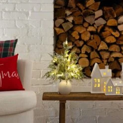 18 In. Pre-Lit Artificial Mini Snowed Cypress Christmas Tree With 12-LED Lights In White Ceramic Planter -Holiday Glow Store nearly natural pre lit christmas trees t5424 31 1000