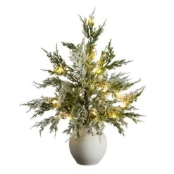 18 In. Pre-Lit Artificial Mini Snowed Cypress Christmas Tree With 12-LED Lights In White Ceramic Planter -Holiday Glow Store nearly natural pre lit christmas trees t5424 4f 1000
