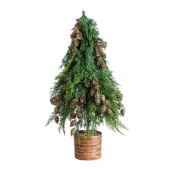 2 Ft. Artificial Down Swept Cedar Christmas Tree With Pinecones In Rustic Decorative Planter