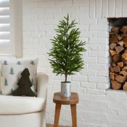 32 In. Artificial Real Touch Norfolk Island Pine In Christmas Tin Metal Planter With Natural Look -Holiday Glow Store nearly natural unlit christmas trees t5388 31 1000