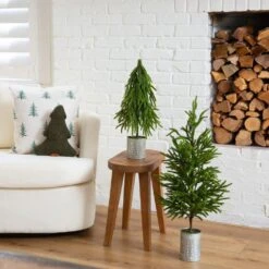 32 In. Artificial Real Touch Norfolk Island Pine In Christmas Tin Metal Planter With Natural Look -Holiday Glow Store nearly natural unlit christmas trees t5388 76 1000