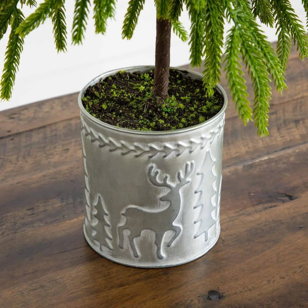 20 In. Artificial Real Touch Down Swept Norfolk Island Pine In Christmas Tin Metal Planter With Natural Look 7 20 In. Artificial Real Touch Down Swept Norfolk Island Pine In Christmas Tin Metal Planter With Natural Look - Image 5
