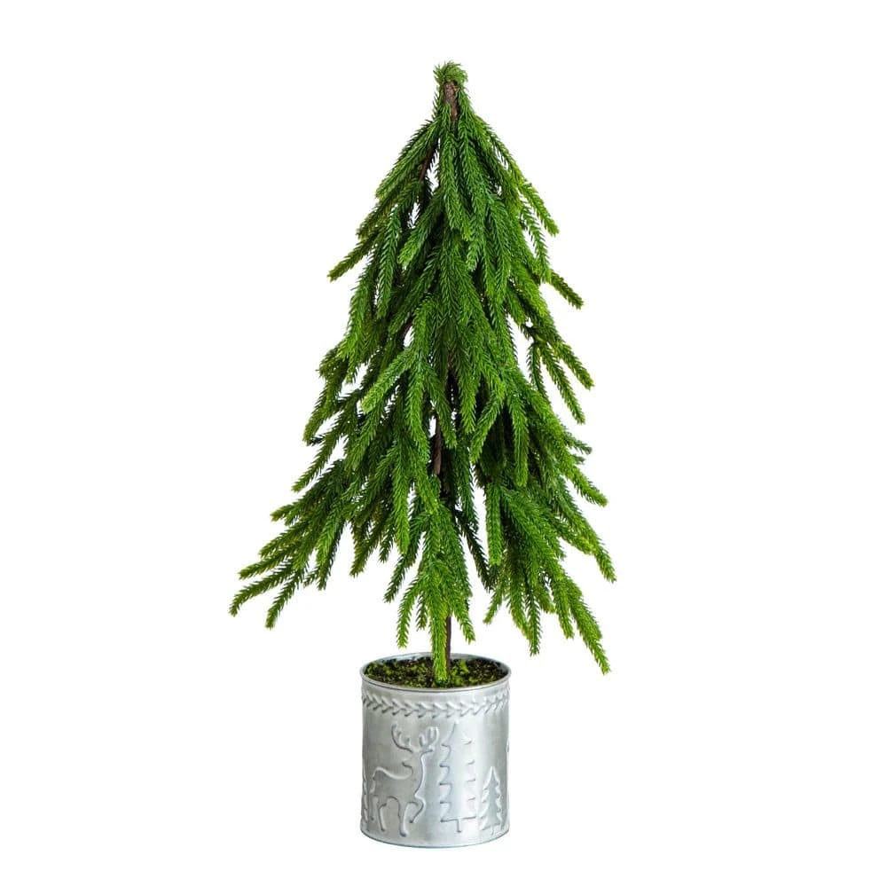 20 In. Artificial Real Touch Down Swept Norfolk Island Pine In Christmas Tin Metal Planter With Natural Look 3 20 In. Artificial Real Touch Down Swept Norfolk Island Pine In Christmas Tin Metal Planter With Natural Look