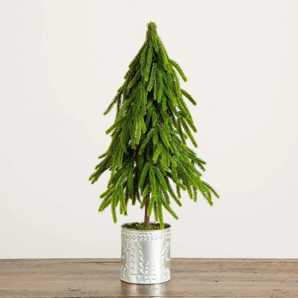 20 In. Artificial Real Touch Down Swept Norfolk Island Pine In Christmas Tin Metal Planter With Natural Look 8 20 In. Artificial Real Touch Down Swept Norfolk Island Pine In Christmas Tin Metal Planter With Natural Look - Image 6