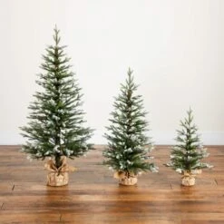 2 Ft. 3 Ft. 4 Ft. Artificial Snowed Balsam Fir Christmas Tree In Burlap Wrapped Base - (Set Of 3) -Holiday Glow Store nearly natural unlit christmas trees t5399 fa 1000