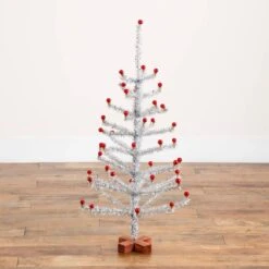 3 Ft. Artificial Retro Silver Tinsel Christmas Tree With 45-Red Mini Ornament Balls And Wooden Base -Holiday Glow Store nearly natural unlit christmas trees t5401 44 1000