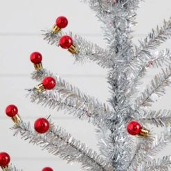 3 Ft. Artificial Retro Silver Tinsel Christmas Tree With 45-Red Mini Ornament Balls And Wooden Base -Holiday Glow Store nearly natural unlit christmas trees t5401 4f 1000