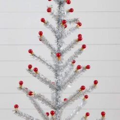 4 Ft. Artificial Retro Silver Tinsel Christmas Tree With 50-Red Mini Ornament Balls And Wooden Base 12 4 Ft. Artificial Retro Silver Tinsel Christmas Tree With 50-Red Mini Ornament Balls And Wooden Base -Holiday Glow Store nearly natural unlit christmas trees t5402 1f 1000