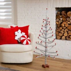 4 Ft. Artificial Retro Silver Tinsel Christmas Tree With 50-Red Mini Ornament Balls And Wooden Base 15 4 Ft. Artificial Retro Silver Tinsel Christmas Tree With 50-Red Mini Ornament Balls And Wooden Base -Holiday Glow Store nearly natural unlit christmas trees t5402 31 1000
