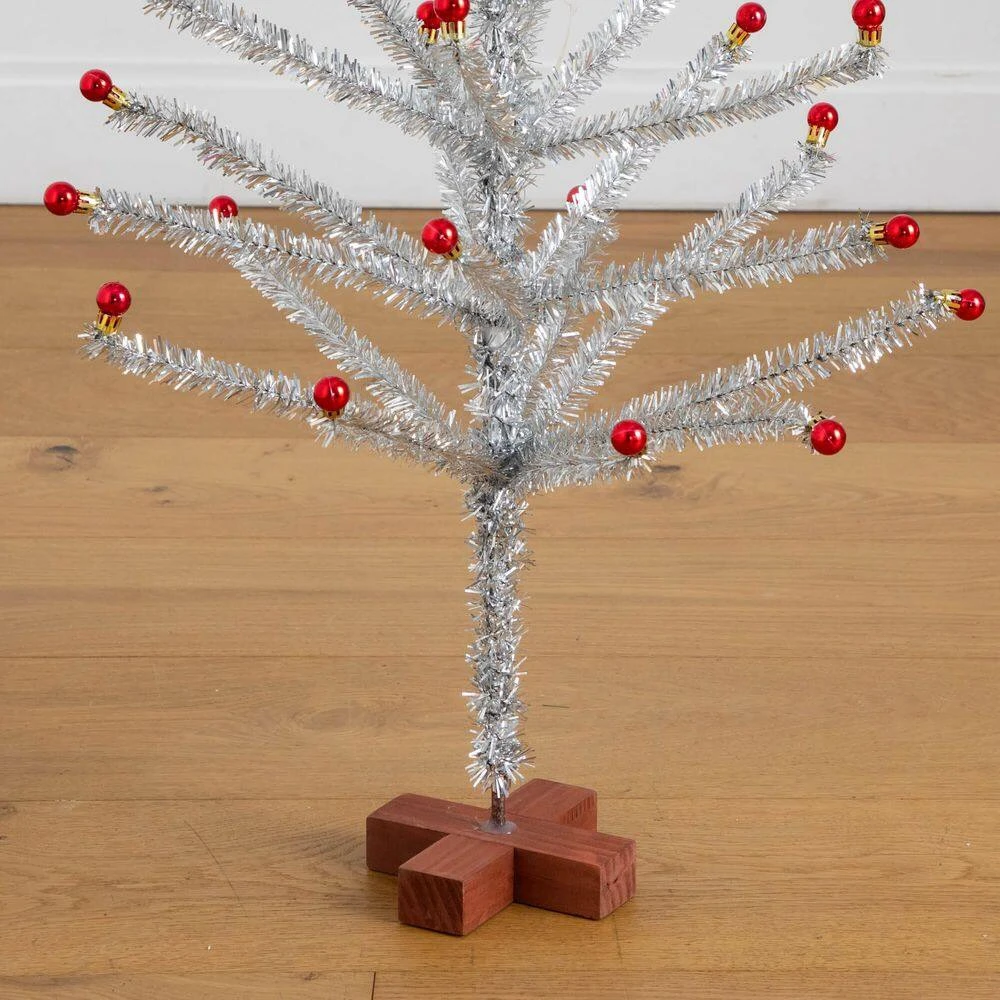 4 Ft. Artificial Retro Silver Tinsel Christmas Tree With 50-Red Mini Ornament Balls And Wooden Base 7 4 Ft. Artificial Retro Silver Tinsel Christmas Tree With 50-Red Mini Ornament Balls And Wooden Base - Image 5