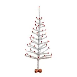 4 Ft. Artificial Retro Silver Tinsel Christmas Tree With 50-Red Mini Ornament Balls And Wooden Base