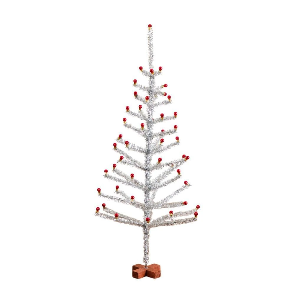 4 Ft. Artificial Retro Silver Tinsel Christmas Tree With 50-Red Mini Ornament Balls And Wooden Base 3 4 Ft. Artificial Retro Silver Tinsel Christmas Tree With 50-Red Mini Ornament Balls And Wooden Base