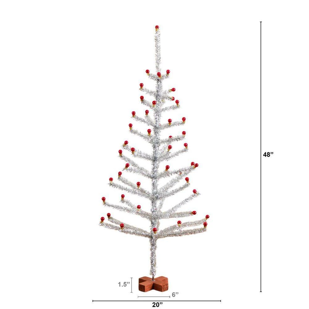 4 Ft. Artificial Retro Silver Tinsel Christmas Tree With 50-Red Mini Ornament Balls And Wooden Base 4 4 Ft. Artificial Retro Silver Tinsel Christmas Tree With 50-Red Mini Ornament Balls And Wooden Base - Image 2