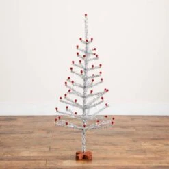 4 Ft. Artificial Retro Silver Tinsel Christmas Tree With 50-Red Mini Ornament Balls And Wooden Base 14 4 Ft. Artificial Retro Silver Tinsel Christmas Tree With 50-Red Mini Ornament Balls And Wooden Base -Holiday Glow Store nearly natural unlit christmas trees t5402 fa 1000