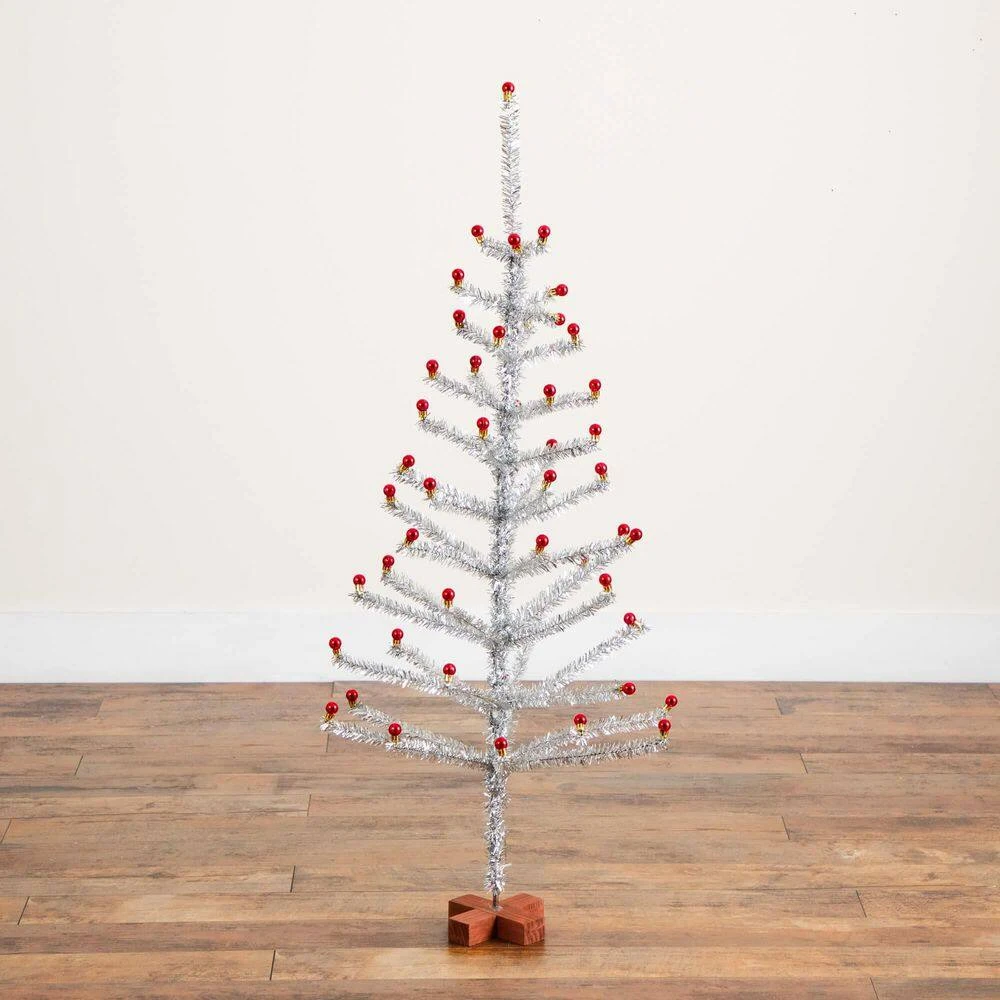 4 Ft. Artificial Retro Silver Tinsel Christmas Tree With 50-Red Mini Ornament Balls And Wooden Base 8 4 Ft. Artificial Retro Silver Tinsel Christmas Tree With 50-Red Mini Ornament Balls And Wooden Base - Image 6